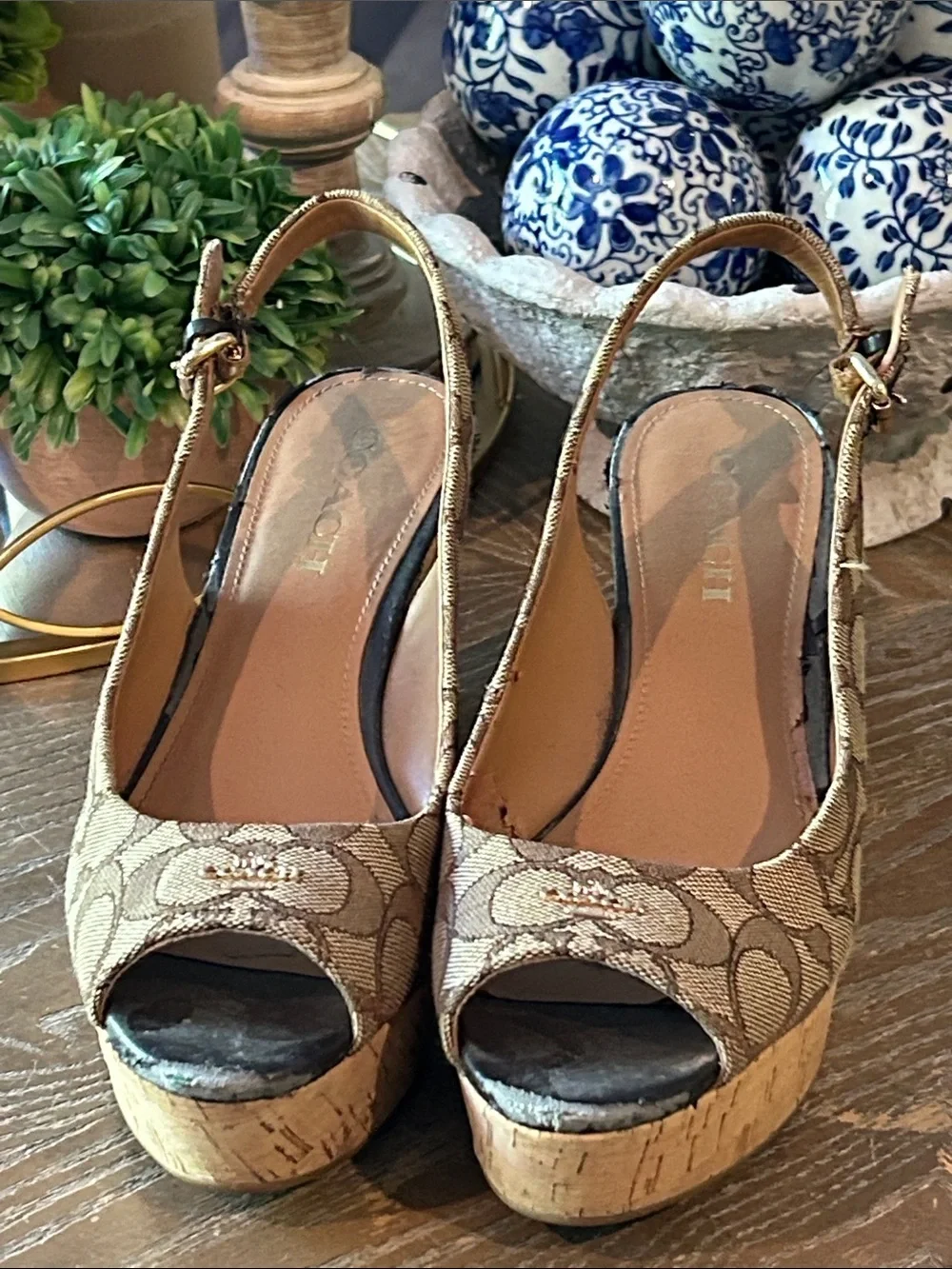 Coach Tan Signature Canvas Peep-Toe Slingback Wedge Espadrille Sandals 8